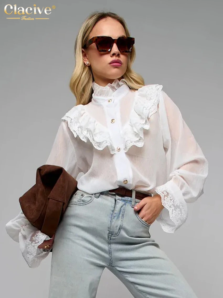 

Clacive Fashion Loose White Women's Shirt Sexy Stand Collar Long Sleeve Blouse Elegant Classic Ruffle Top Female Clothing 2025