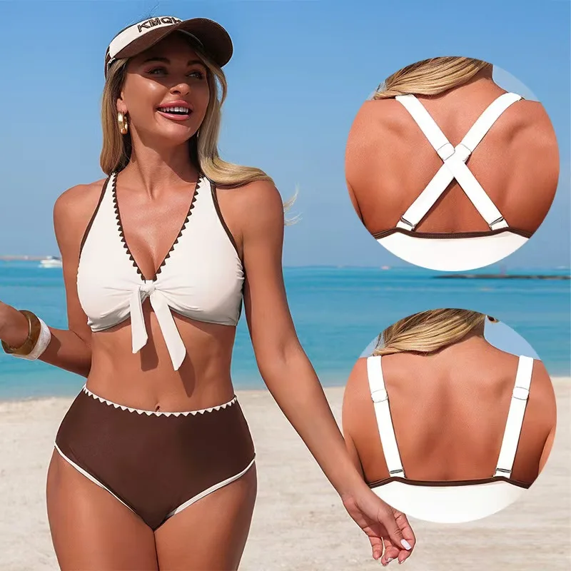 Sexy Solid Shell Ornament Women Swimsuit V-Neck Push Up Bikinis Set Cross Backless White Swimwear High Waist Beach Bathing Suit