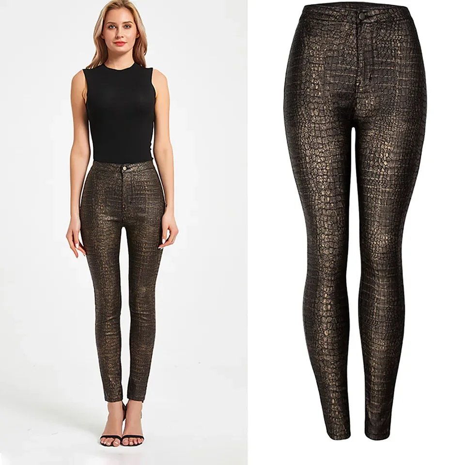 Trendy Ankle Length Fall Trousers For Women Fashion Tight Height Waist Pu Coated Pants Sexy Little Feet Print Pants Women 가을옷