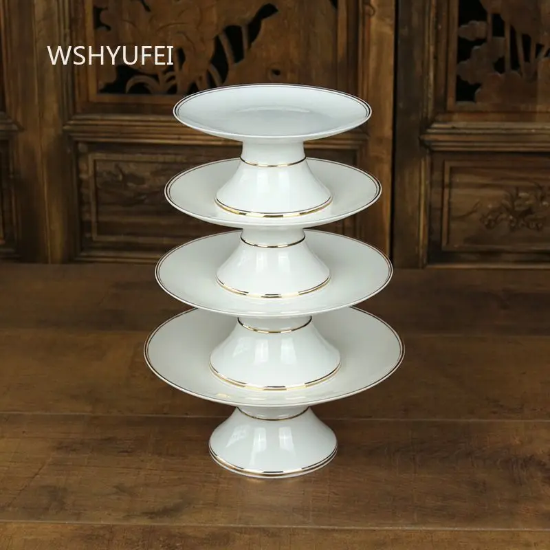 White Porcelain High-footed Fruit Plate with Gold Rim White Ceramic Dessert Bowl Snack Dish for Buddhist Temple Offerings