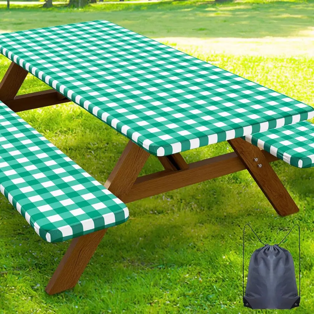 Picnic Table Cover with Bench Covers, Waterproof Elastic Fitted Tablecloths for 6 Foot Rectangular Tables, Washable Plaid Tablec