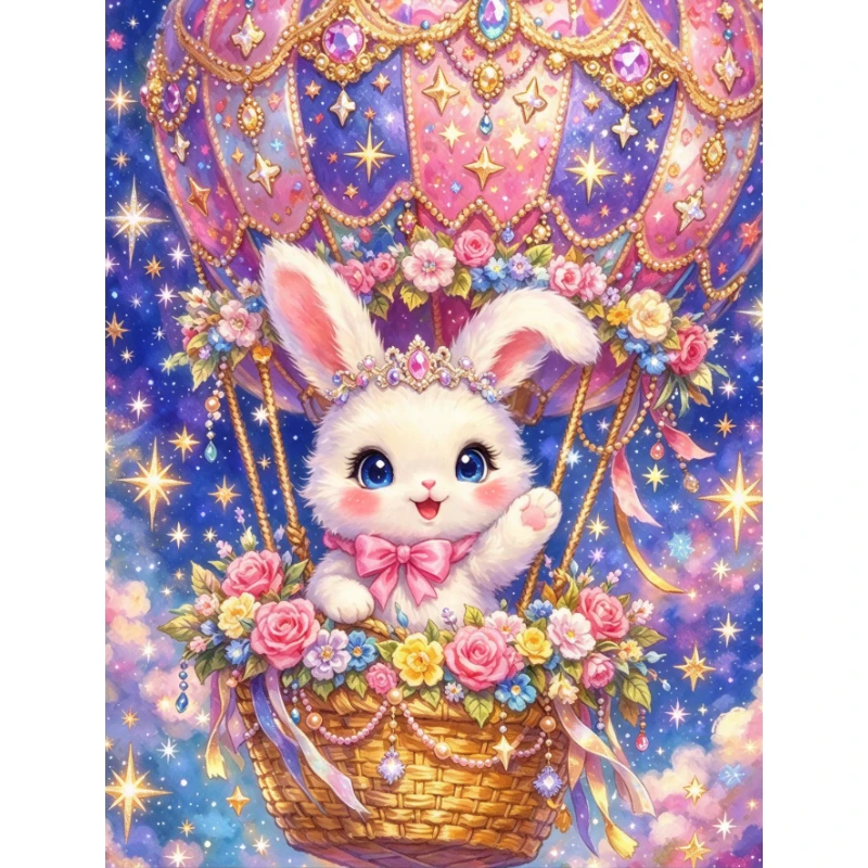 DIY Starry Sky Hot Air Balloon Rabbit Diamond Painting, Dreamy Floral Scene For Living Room Wall Decoration Exquisite Gift