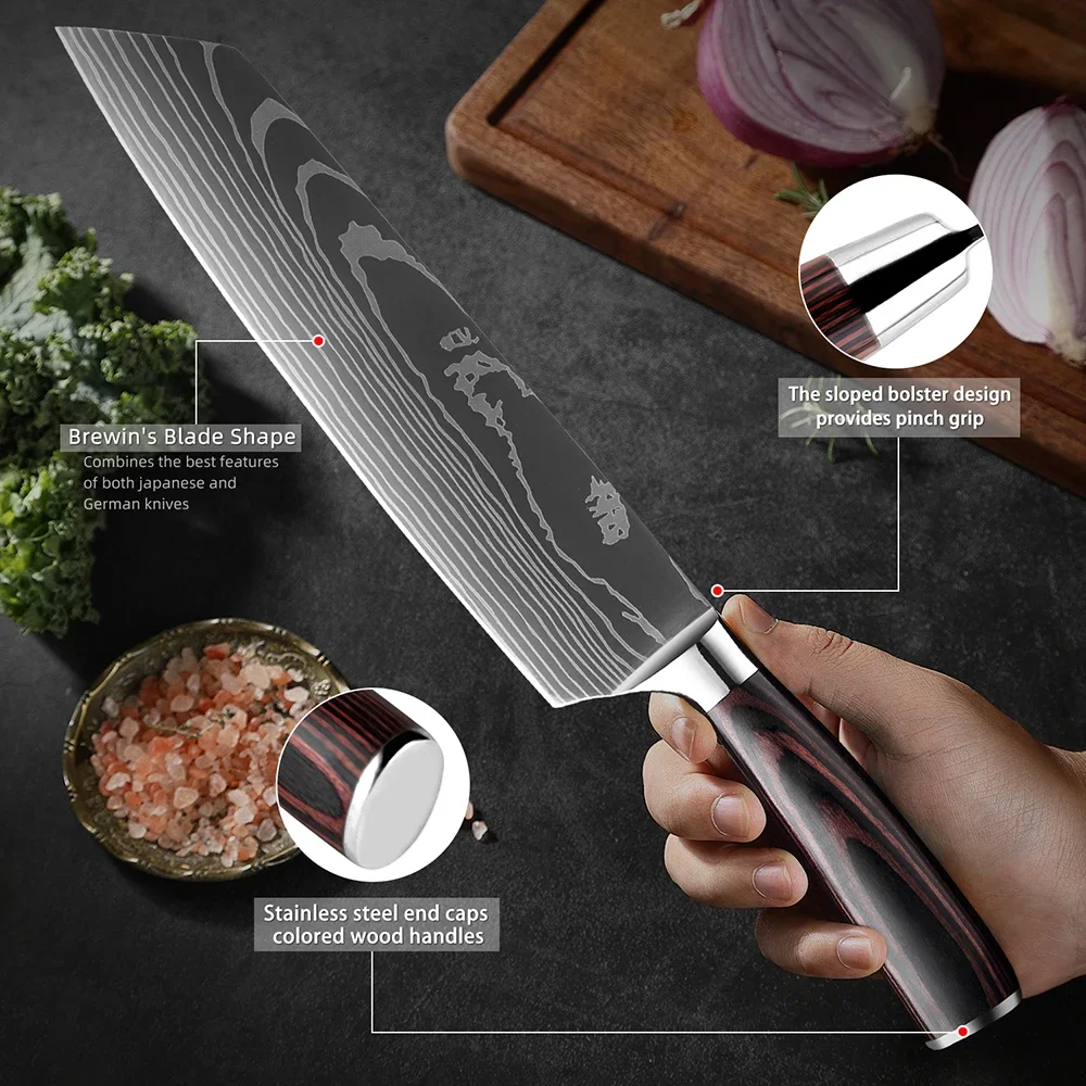 8 Inch Kiritsuke Chef Knife Japanese Kitchen Knives for Slicing Meats and Vegetables Ergonomic Handle Laser Pattern Sharp Knife