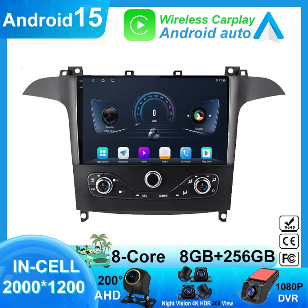Стерео Android 15 для Ford S Max S-MAX 2006-2015 для Ford Galaxy 2014, авторадио, мультимедийный плеер, GPS-навигация, HDR QLED 5G