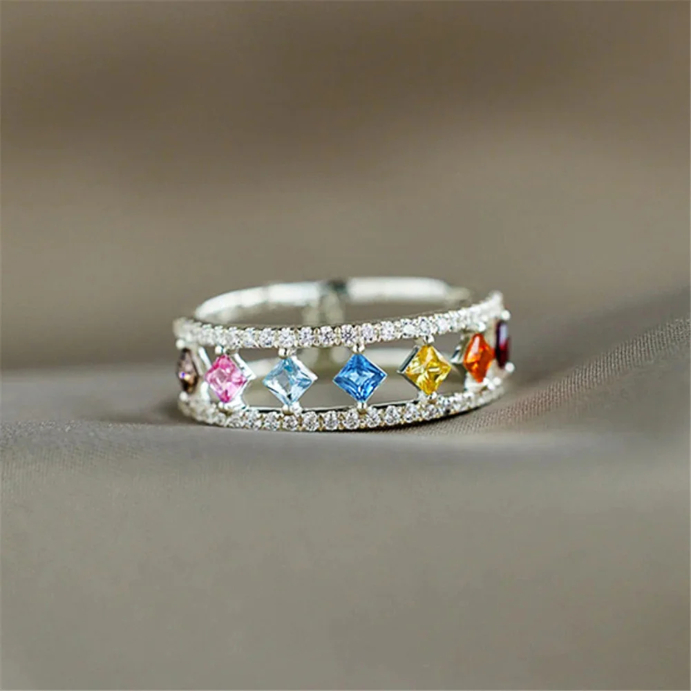 Cute Female Rainbow Zircon Stone Silver Color Wedding Jewelry Promise Love Engagement Rings For Women