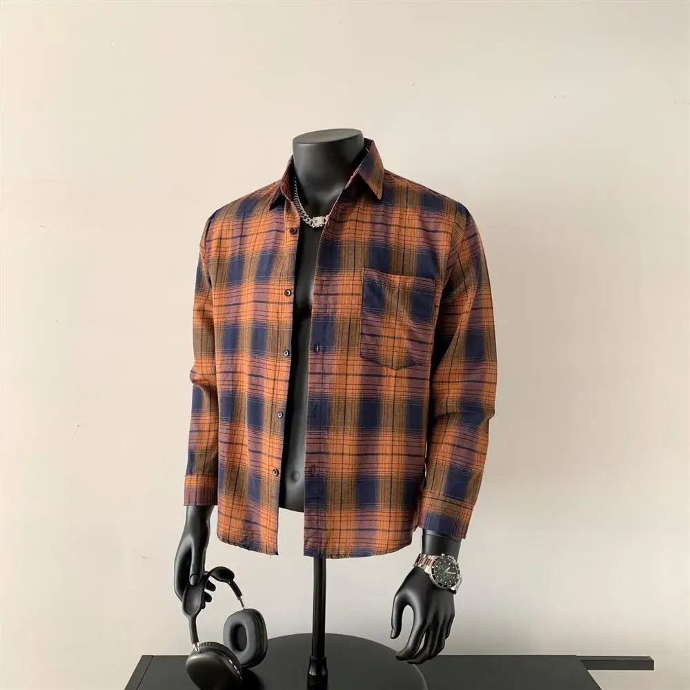 American Plaid Long Sleeve Shirt Men Spring Autumn Loose Color Block Couple Stylish Casual Shirt Jacket Polyester Fiber