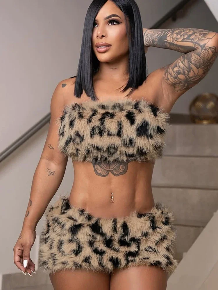 Leopard Print 2 Piece Set Woman Furry Patchwork Wrap Chest Backless Tube Tops+Mini Skirts Hot Girls Sexy Fashion Suits