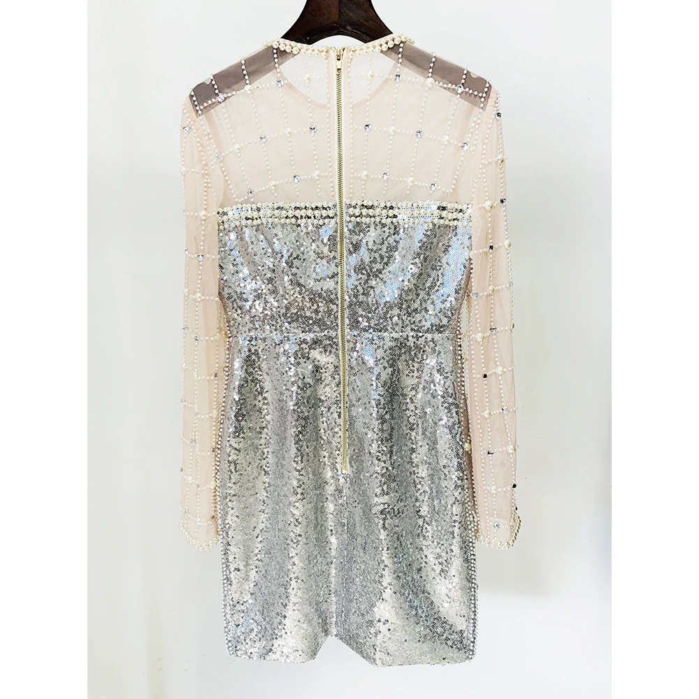 HIGH STREET Abiti da sera firmati più nuovi da donna Splendidi diamanti Perle Perline Paillettes Abito in garza a maniche lunghe Massaggio Грэйmavera』