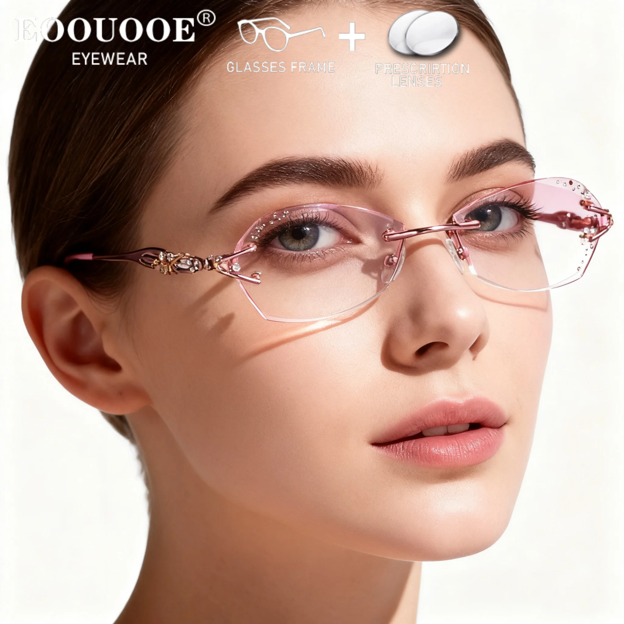 

Women Customiz Luxury Gemstone Inlay Rimless Glasses Gradient Tinted Lenses Prescription Myopia Hyperopia Progressive Eyewear