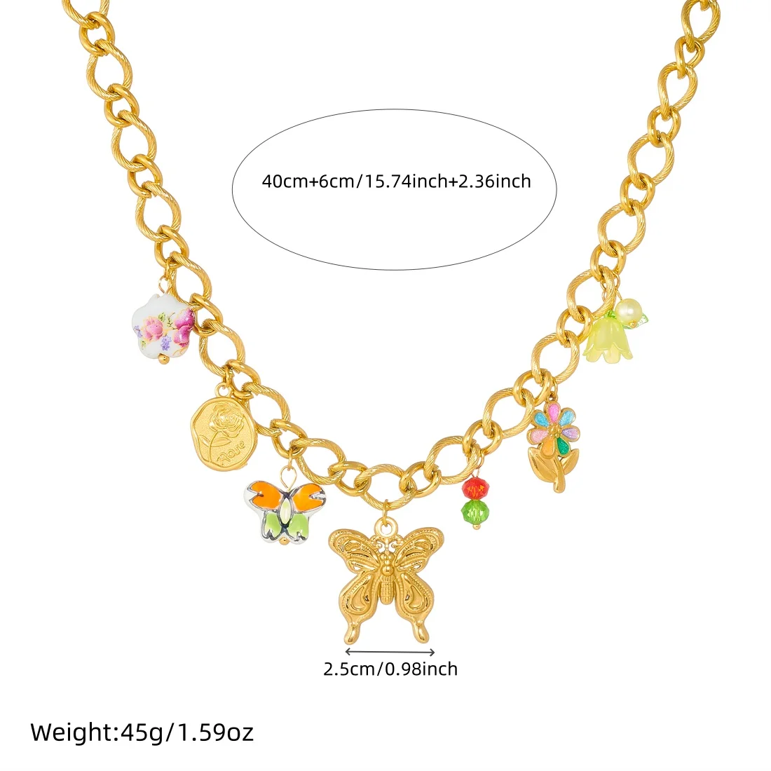 DIEYURO 316L Stainless Steel Golden Butterfly Colored Dripping Oil Flower Ceramic Painted Necklace Lady Neck Chain Jewelry Gift