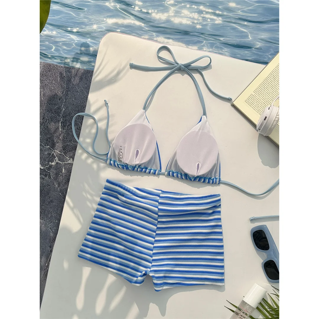 Neuer gestreifter Neckholder-Bikini mit hoher Taille, Damen-Badeanzug, zweiteiliges Bikini-Set mit Shorts, Badebekleidung, Badeanzug, Schwimmanzug V7825 – Detail 26