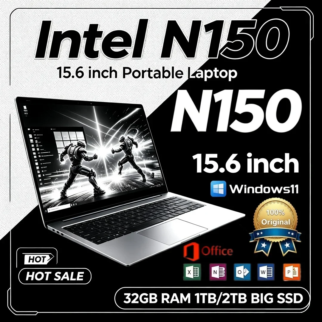 Intel N150 15.6 Inch 2026 Trendy Office Study Laptop 16GB/32GB RAM Windows11 Portable Laptop 1/2TB BIG SSD