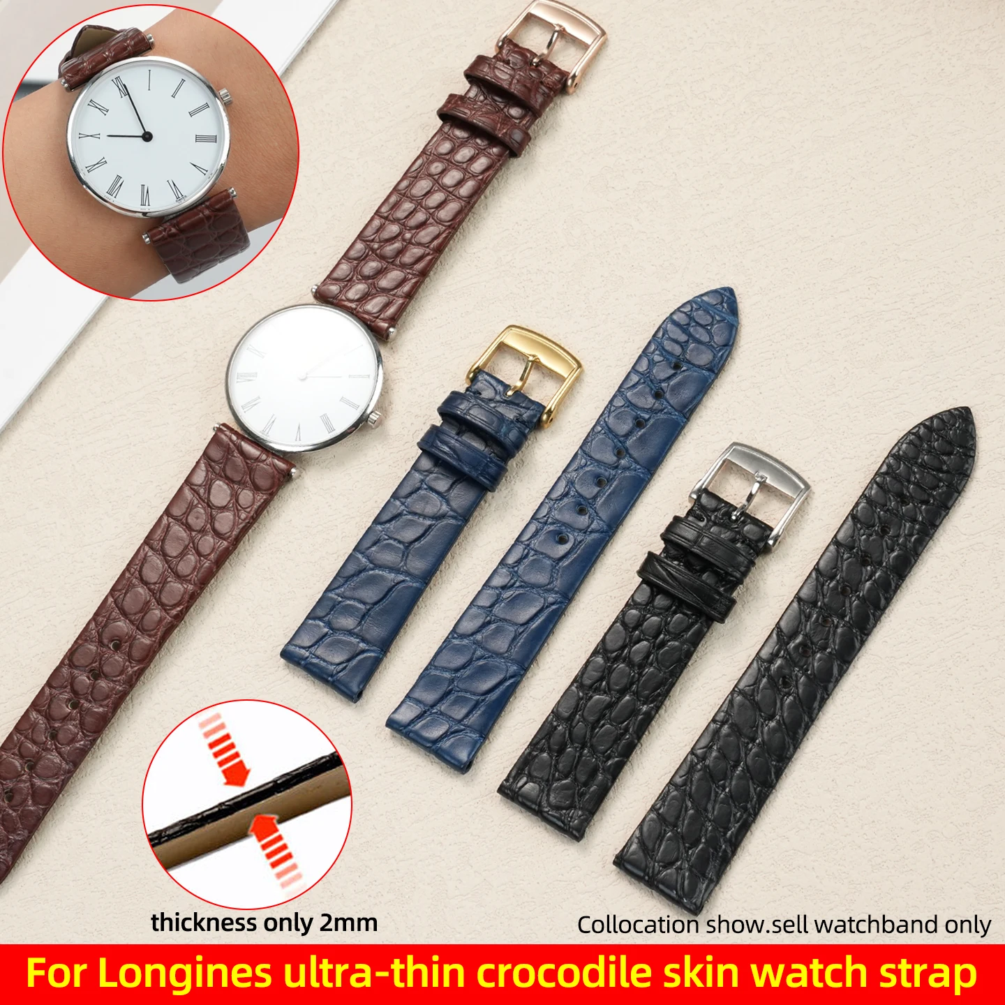 Ultra-thin Crocodile Leather Watch Strap 12 13 16 18 19 20mm For Longines L4 L2 La VC MIDO Cartier Grande Men women Watch band