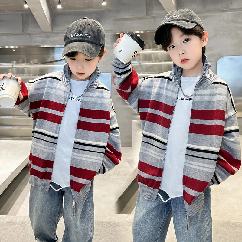 

New Autumn Kids Fashion Striped Cardigan with Zipper for Teenage Boy Elegant Turtleneck Sweaters Children School Knitted Clothes