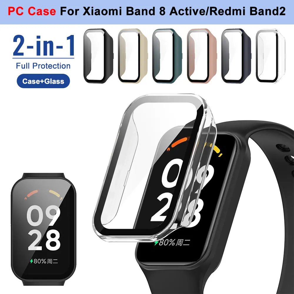 

For Xiaomi Smart Band 8 Active Tempered Glass + PC Case Cover Shockproof Full Hard Screen Protector For Redmi Band 2 Accessories
