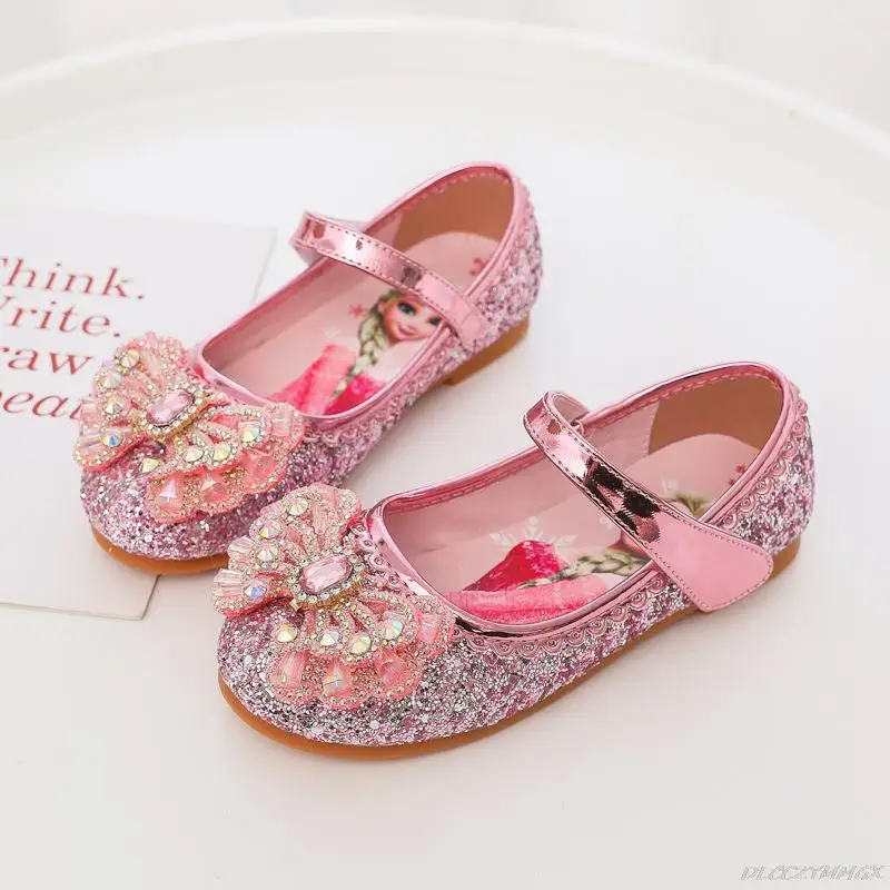 Chaussures en cuir à semelle souple pour bébé fille, chaussures de princesse reine des neiges, dessin animé Disney Elsa, fleur plate