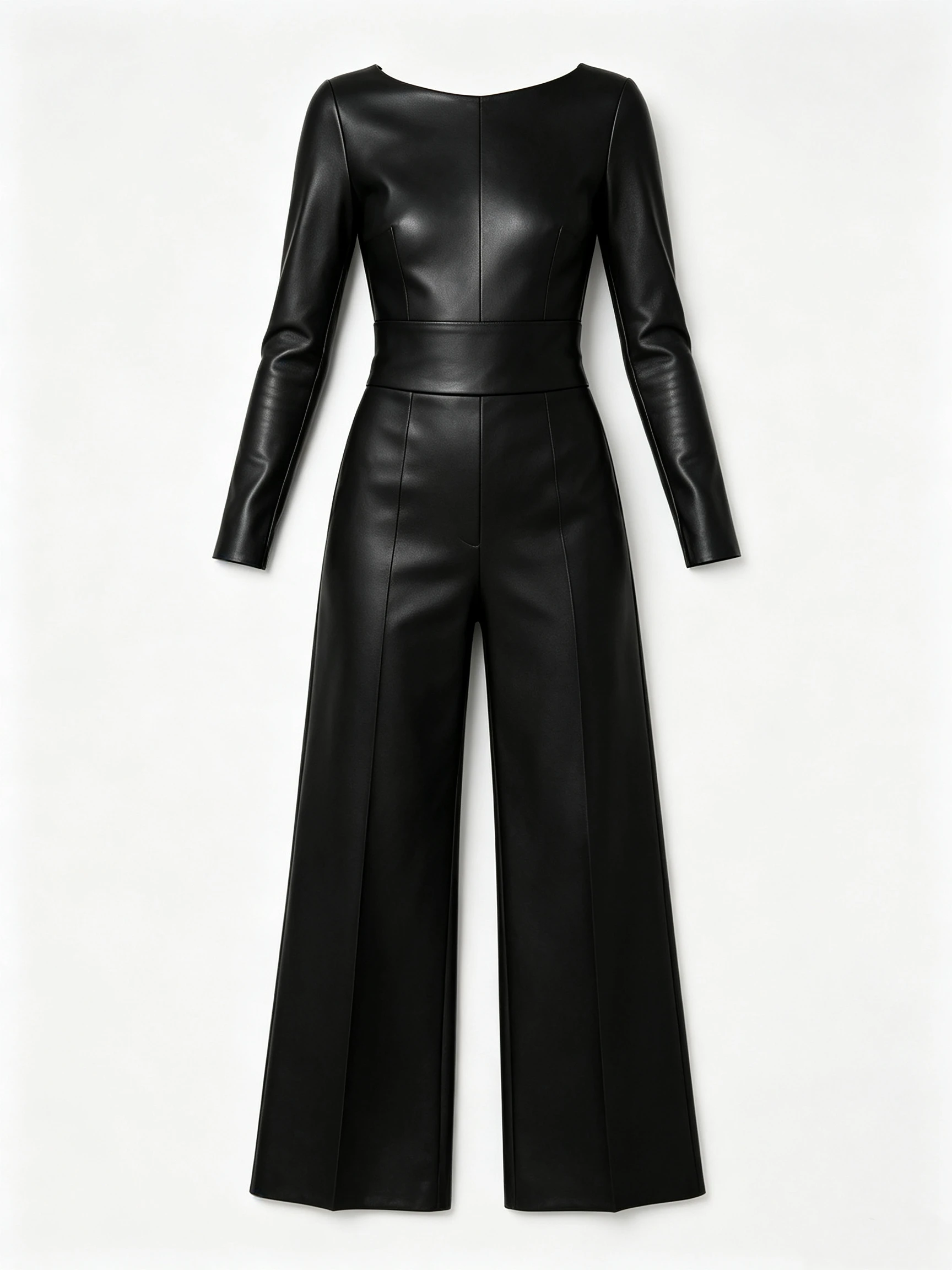 Luxury Black Faux Leather Long Sleeve Jumpsuit with Boat Neck and Wide Leg Pants