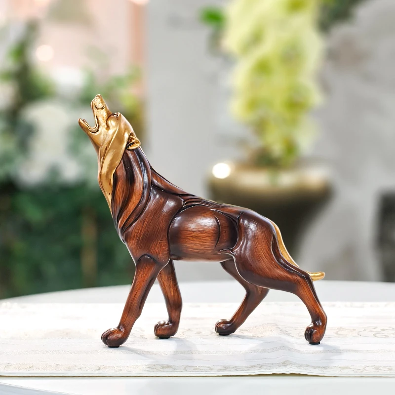 Wood Grain Howling Wolf Resin Lifelike Animal Sculpture for Home, Bedroom, Living Room, Study, and Office Desk Decoration
