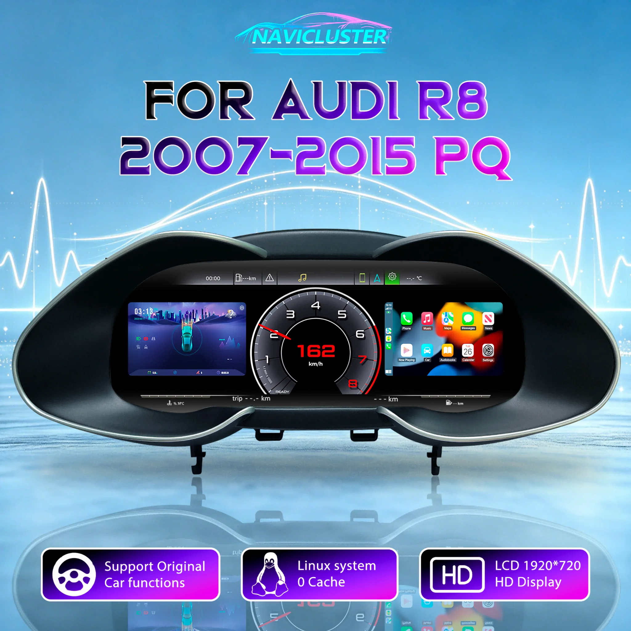 1920 *720 HD-Bildschirm Digitaler Tachometer Linux Virtuelles Cockpit-Instrument für Audi R8 2007 08 09 10 11 12 13 14 15 Jahrgänge Armaturenbrett-Panel LCD Digitales Kombiinstrument Armaturenbrett