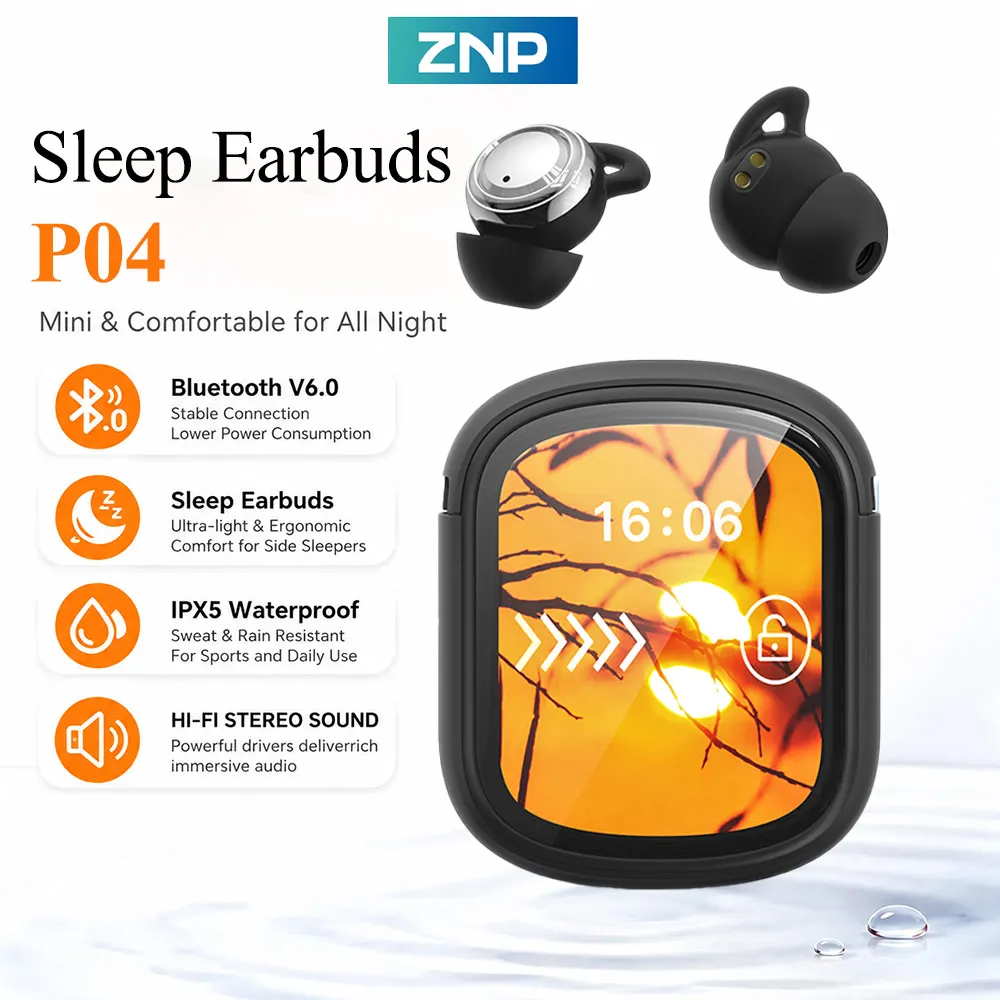 ZNP P04 Wireless Sleep Earbuds Bluetooth 6.0 ANC Active Noise Reduction Touch Screen Headphones IPX5 Waterproof Sports Earphones