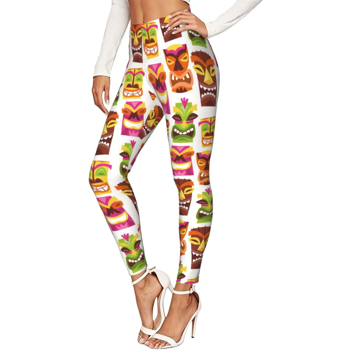 Retro Cute Hawaiian Luau Party Tiki Statue Pattern Women Leggings High Waisted Stretch Tights Workout Running Pants