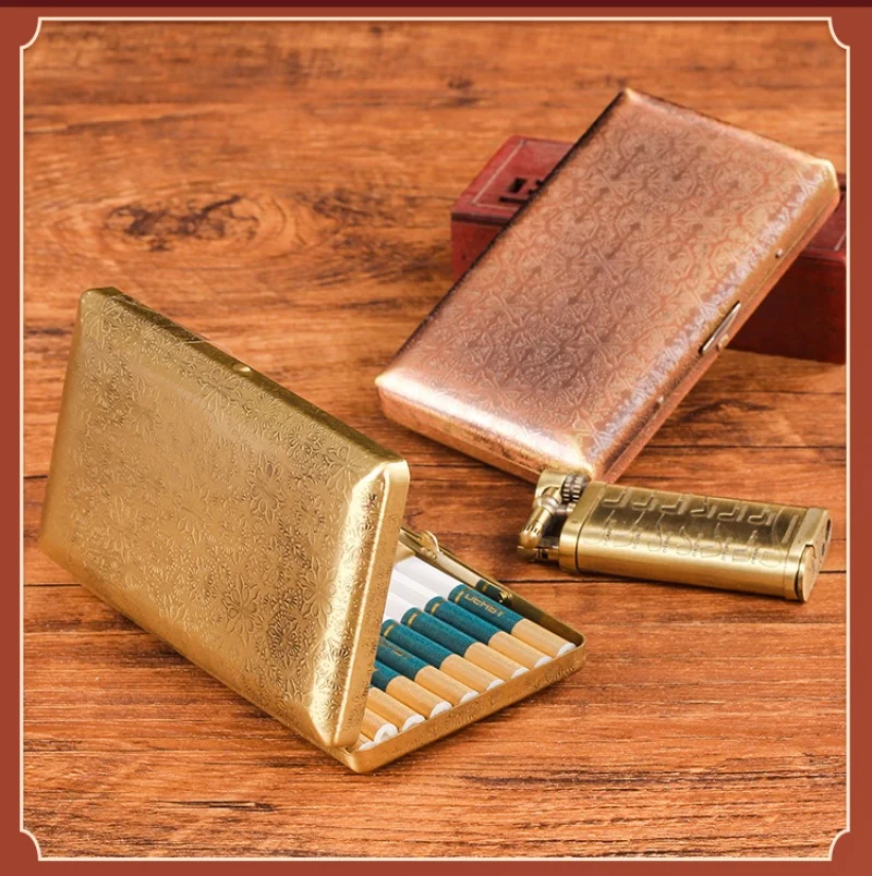Dual Gun 10cm Brass Cigarette Case – Electroplated Engraved, Holds 20 Slim or 18 Regular Cigarettes for Men