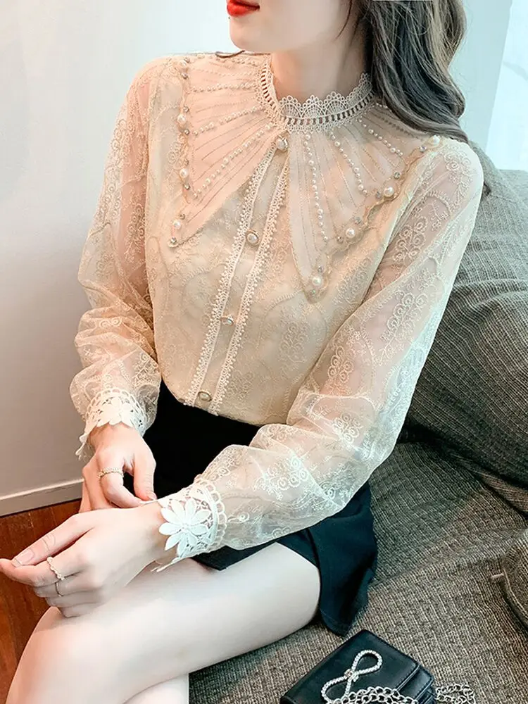 French Elegant Lace Shirt2023 New Fall Women Clothing Luxury Chic Beads Embroidery Cute Doll Collar Long Sleeve Blusas Top Lady