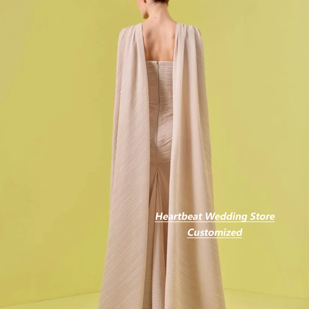 Customized Pink Pleated  V Neck Evening Dresses Deep Cutout Ring Waist Cape Sleeve Mermaid Floor Length Formal Gown