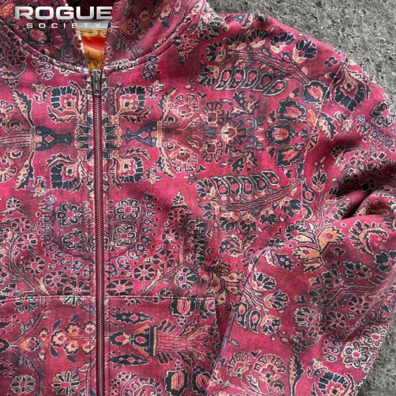 Gothic Wing Cross Print Hoodie Men Y2K ZipUp Floral Scroll Graphic HipHop Casual Streetwear Outerwear Harajuku Sweatshirt Unisex