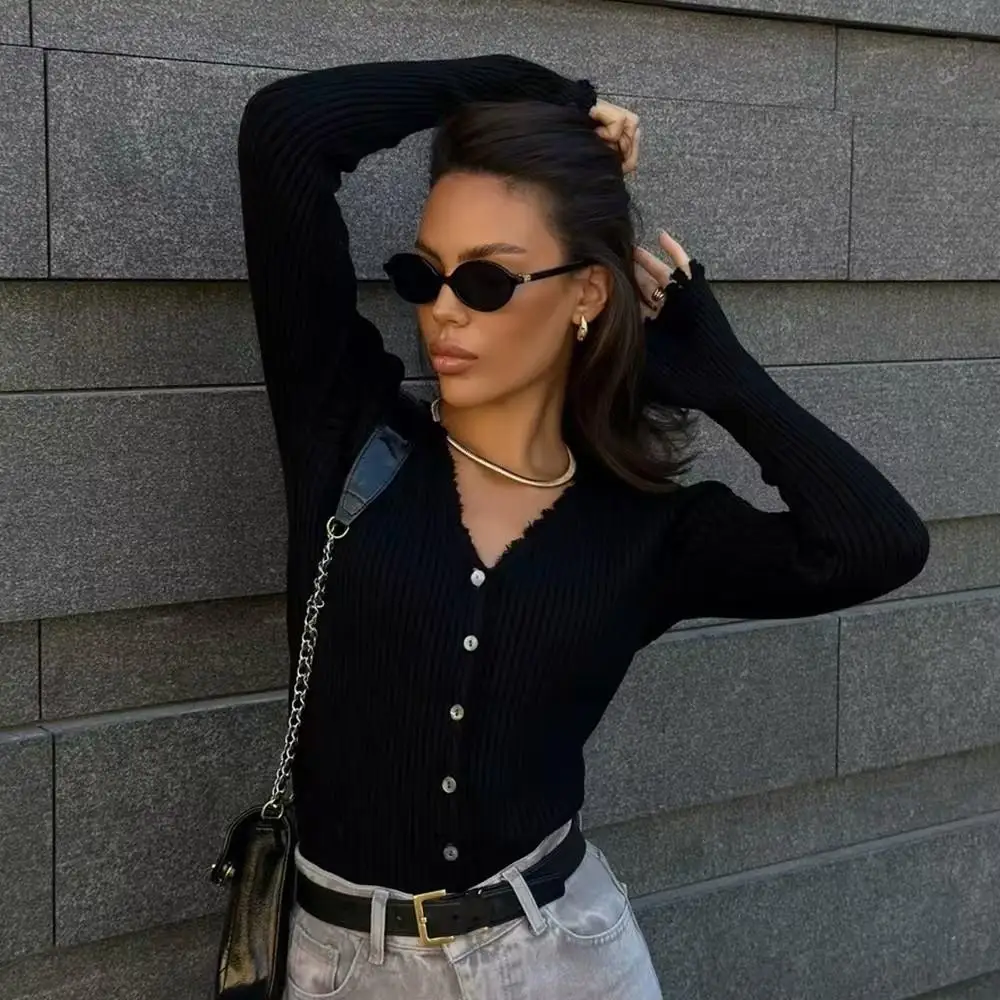 브이넥 니트 가디건 스웨터 단색 심플 패션 롱 스웨터 버튼업 캐주얼 슬레 여성 프리미엄 퀄리티 울 블렌드