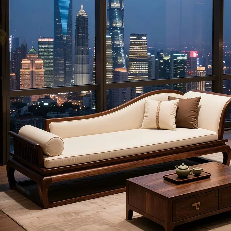 New Chinese Style Solid Wood Chaise Longue Living Room Sofa Recliner Black Walnut Light Luxury Simple Back Chair Fabric