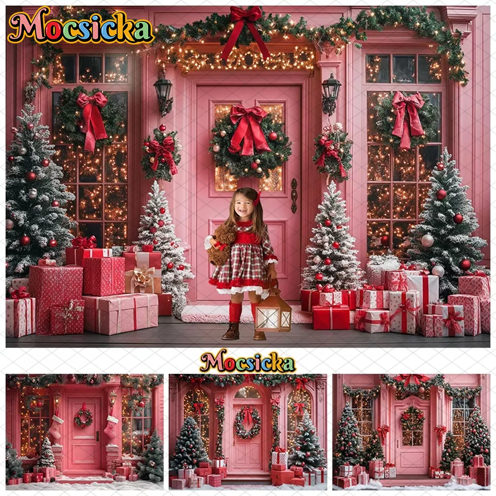 

Mocsicka Pink Christmas House Background Photography Xmas Tree Home Door Gift Stockings Decorations Kid Baby Girl Photo Backdrop