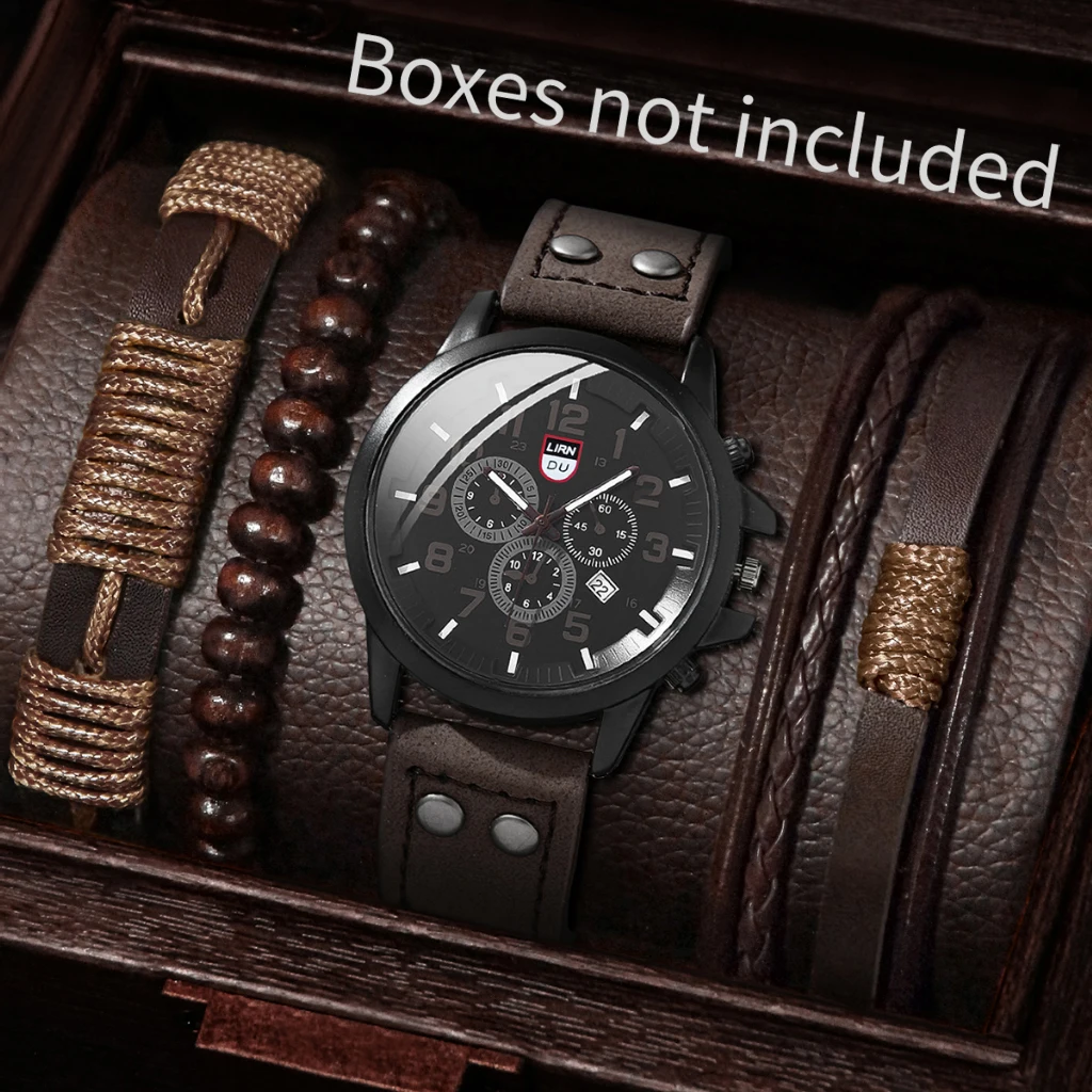 4PCS/Set  Men Sports Calendar Watches Casual Leather Strap Male's Quartz Watch Bracelets Set Reloj Hombre（Without Box）