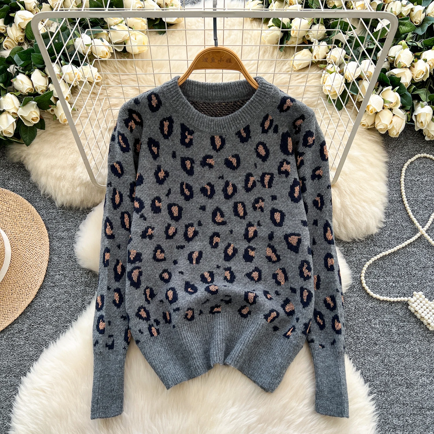 Maglione da donna leopardato 2025 Autunno Inverno Nuovo stile americano High Street O-Collo Pullover Fahion Manica lunga lavorata a maglia Top caldi