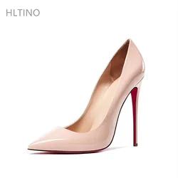 HLTINO Women Sexy Pumps Bright Red Bottom High Heels 4.7 Inch/CM Summer Sandals Autumn Shoes Genuine Leather Nude for Party