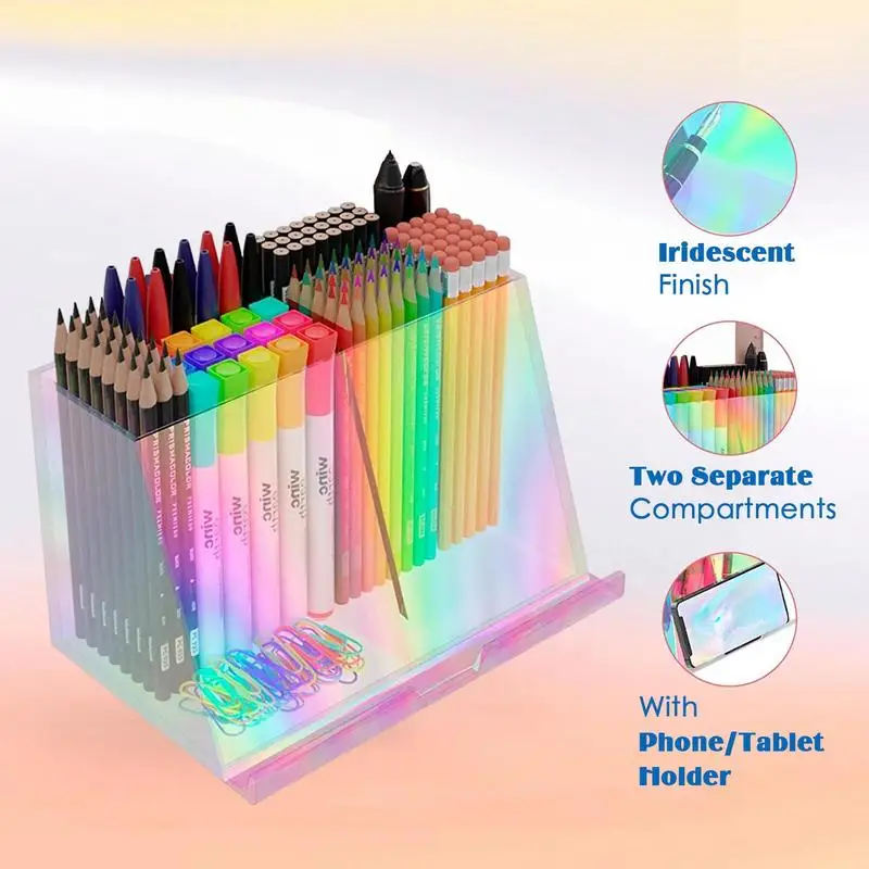 Desktop Organizer Iridescent Pen Holder Pencil Makeup Brush Storage Box 2 Grid Brush Storage Organizer School Stationery