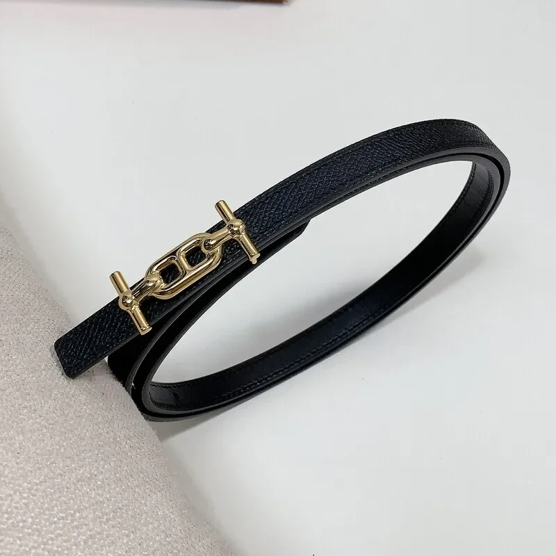 Women's slim waist simple belt 1.3 fish grain full head layer with two sides with steel hollow-out buckle accessory belt