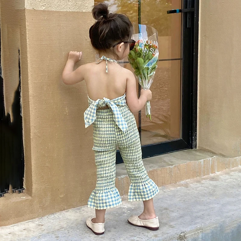 Casual Plaid Camisole Tops +Flared pants for 3-8Y Girls Elastic Stretch Sling Summer Fashion Outdoor Outfits Kids Two-Piece Suit