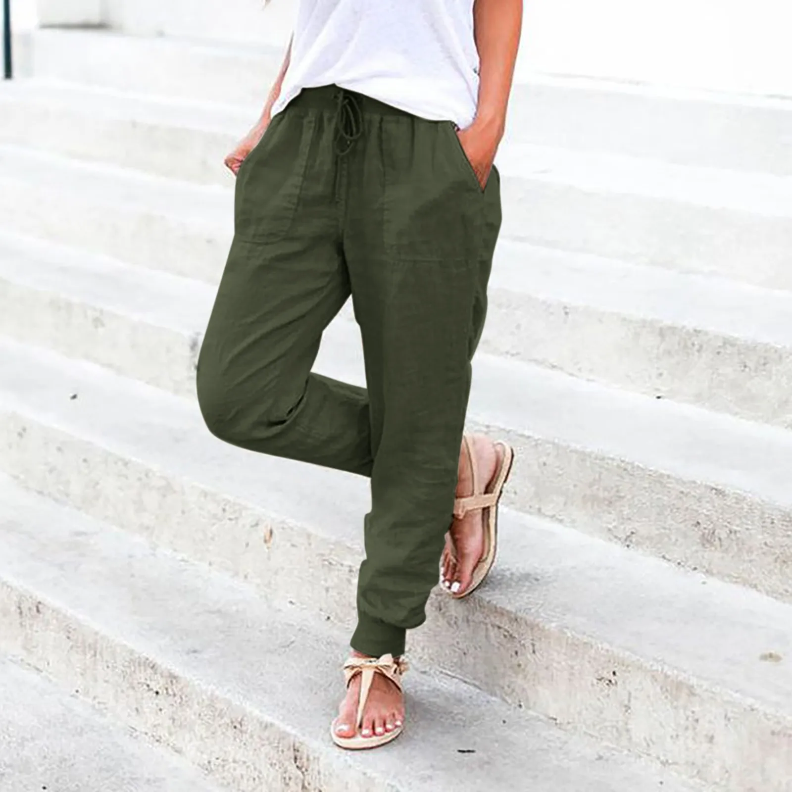 

Ladies Summer Autumn Breathable Cotton Linen Trendy Pants Elastic Waist Straight Leg Solid Color Female Casual Baggy Trousers