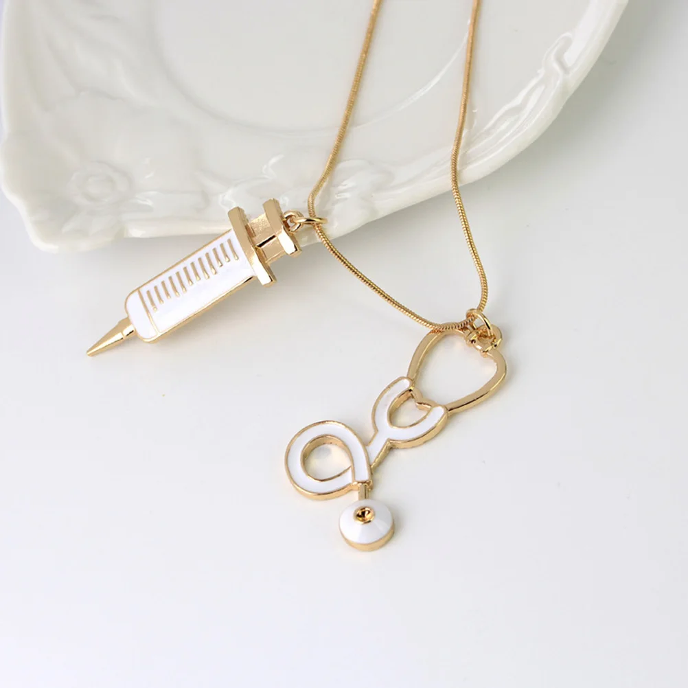 

Stethoscope Syringe Necklace Snake Chain Metal Pendant Non-Allergy Medical Jewelry Gift Stethoscope Syringe Necklace