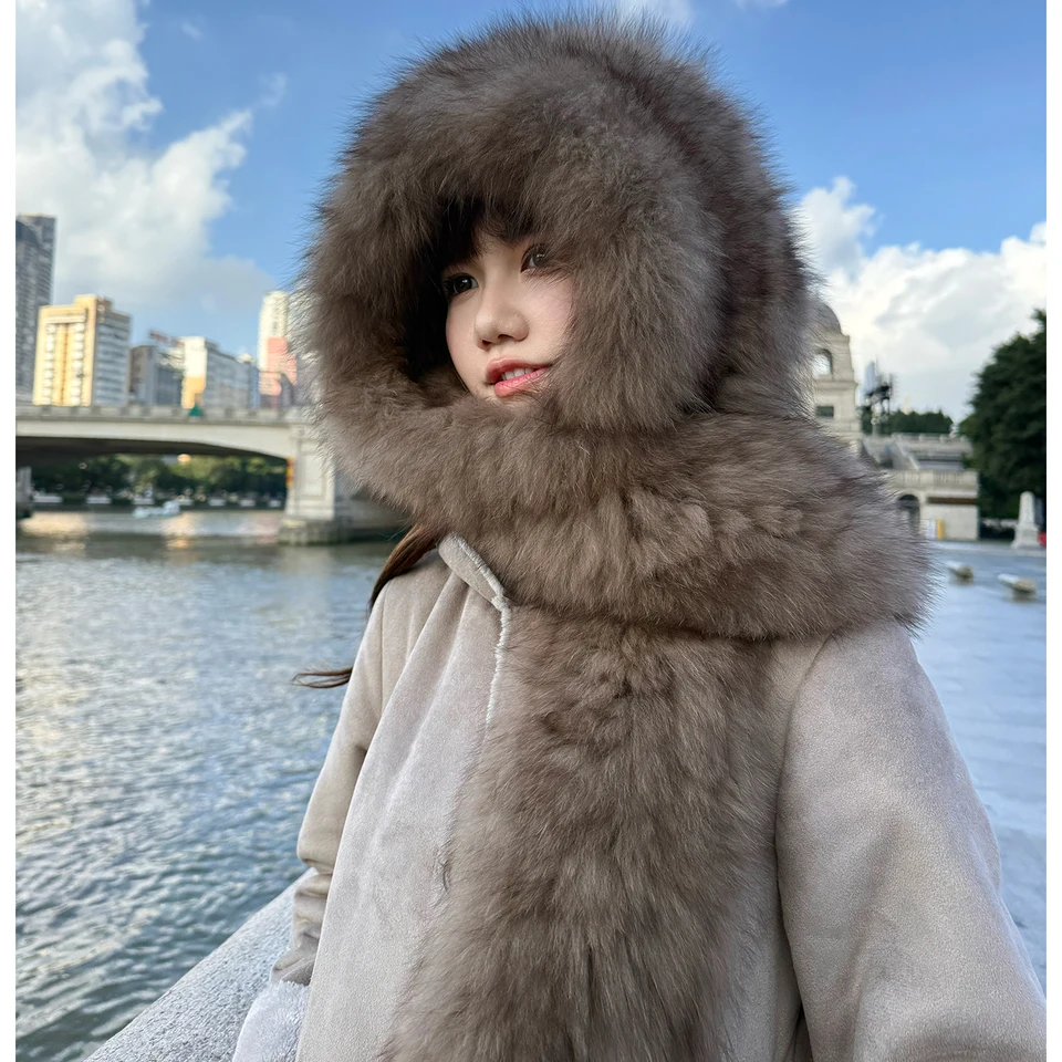 Real Fox Fur Winter Hat Scarf Set for Women