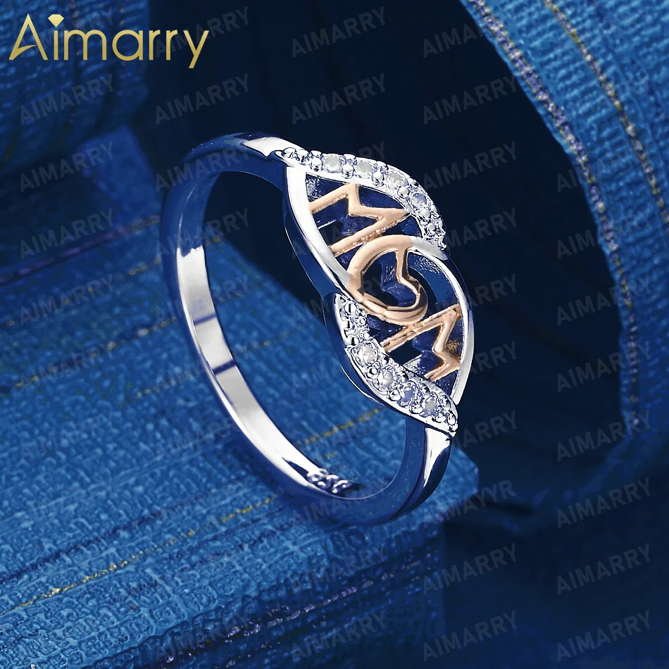 925 Sterling Silver 7-10# Two Tone Heart-shaped Letters MOM AAA Zircon Ring Women's Anniversary Fashion Jewelry