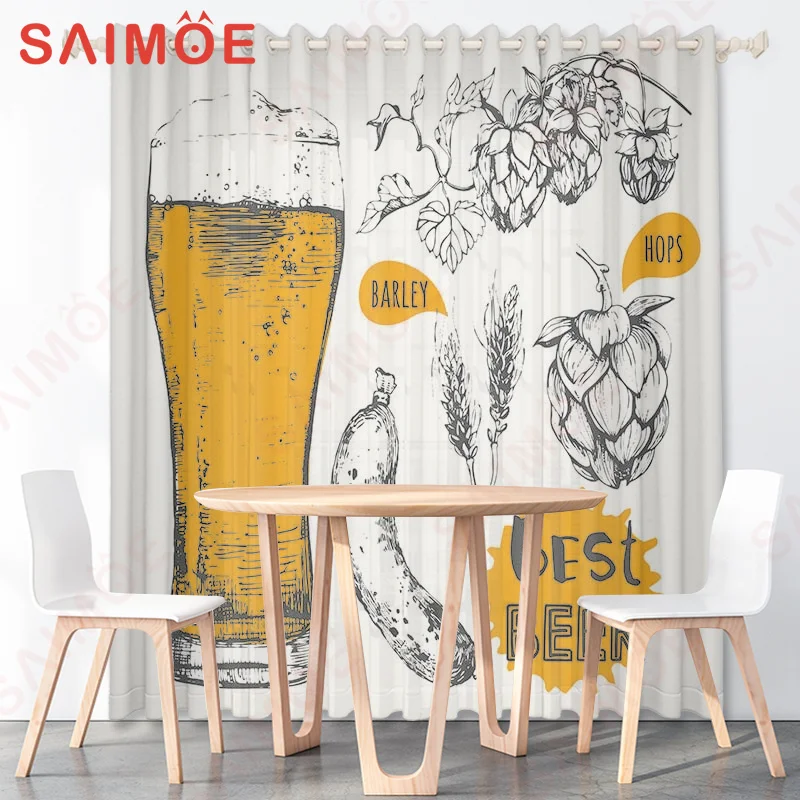 Romantic American Vintage Beer Wine 3D Curtains Figures Fruits Background Custom Thin Polyester Fabric Bar Decoration with Hooks