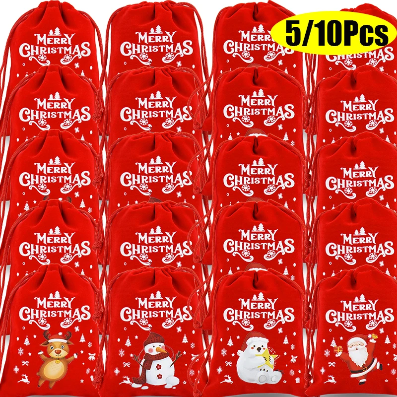 5/10Pcs Christmas Gifts Velvet Bags Santa Candy Cookeis Jewelry Wrapping Drawstring Bag Xmas Tree Decorations For Home New Year