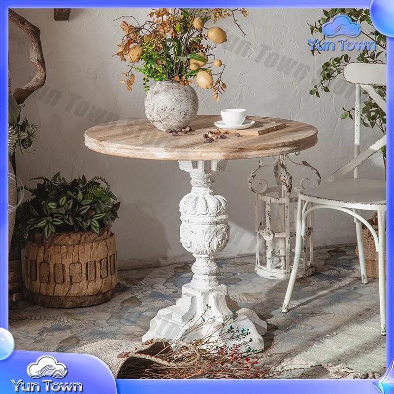 French Vintage Solid Wood Dining Table and Chairs Set Round White Coffee Table with 2 Chairs for Living Room Casual Meeting