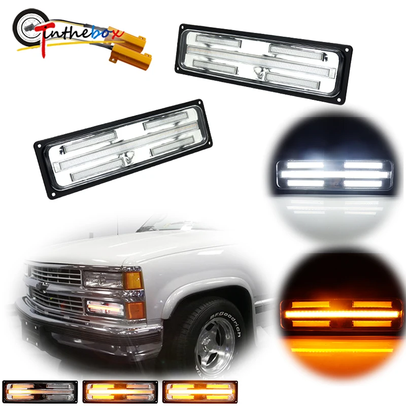 For GMC Suburban Yukon, For Chevrolet C/K 1500/2500 Tahoe Silverado Front Bumper Sequential Amber Turn Signal Light w/ White DRL