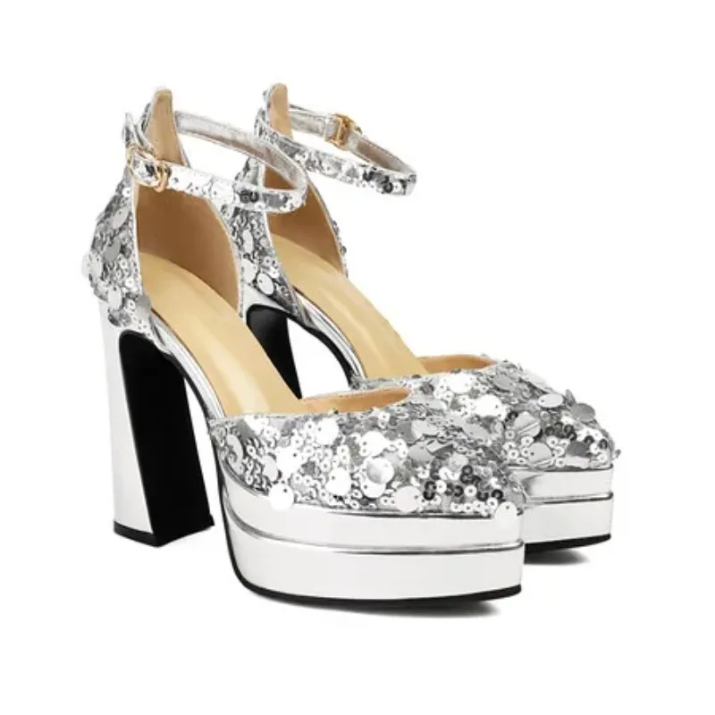

Sexy Sandals Women Platform High Heels Summer Shoes Luxury Silver Black Straps Stripper Wedding Party Shoes Ladies Large Size 43