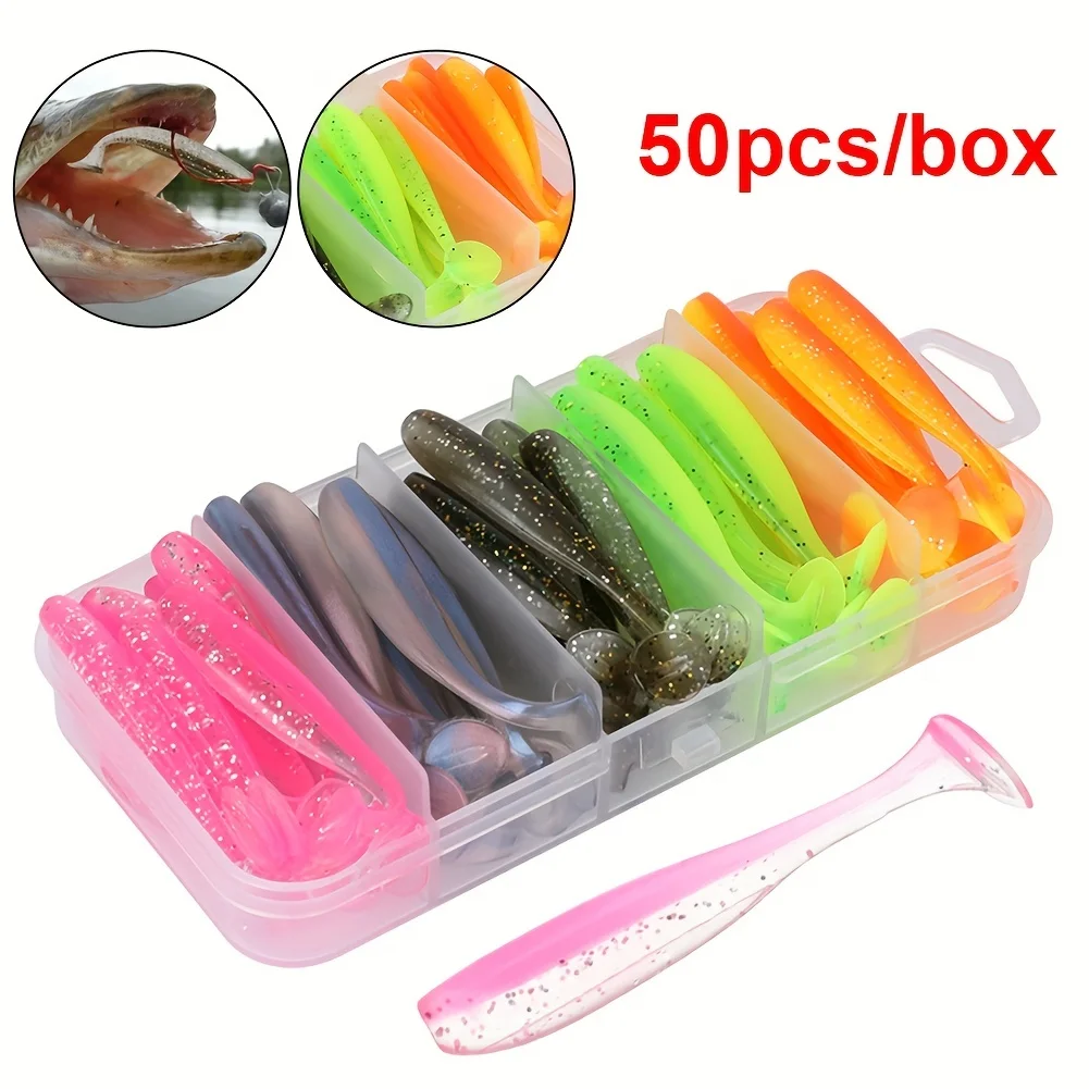 50pcs/box Fishing Lure T Tail Spinner Soft Artificial Bait Paddle Tail Soft Worm Carp Bass Freshwater Fishing Tackle Accessories