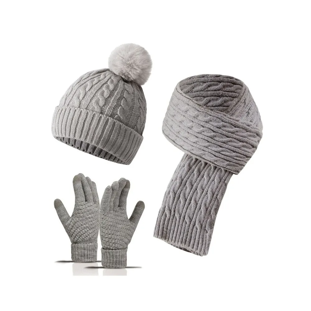 3Pcs/Set Warm Winter Hat Scarf Gloves Set Thicken Soft Scarf Neck Warmer Suit Elastic Windproof Knit Beanie Snood Set