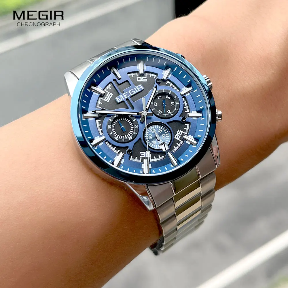 MEGIR Silver Blue Stainless Steel Quartz Watch for Men Fashion Chronograph  Analog Dress Wristwatch with Date Luminous Hands